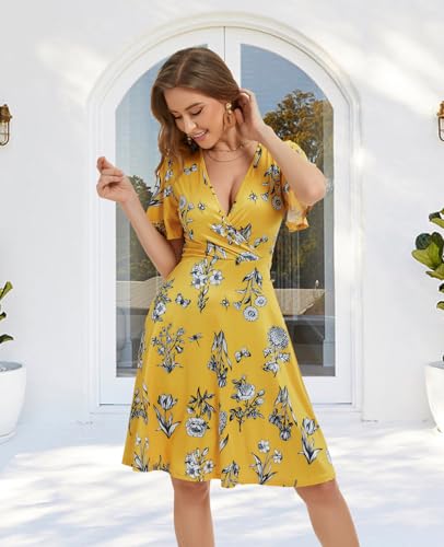 Image of Women Casual Summer Dress 2025 Beach Vacation Floral Sundress Short Sleeve Wrap V-Neck Modest Dresses