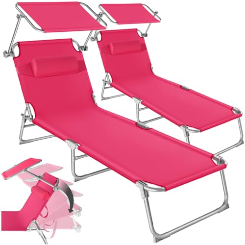 tectake® Set de 2 Chaise Longue Pliante Bain de Soleil Jardin Exterieur avec Pare Soleil & Appuie-tête Chaise Longue inclinable Transat de Plage Relax...