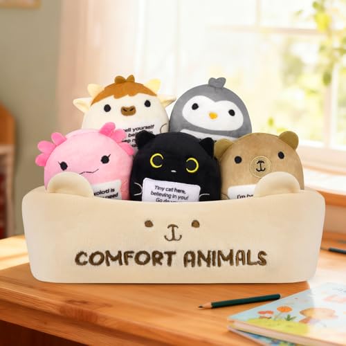 Image of Emotional Support Plush Animal Set,6 Pcs Cute Animals Plush Toys and Fun Stuffed Animals with Positive Words,Soft Emotional Support Plushies with Basket,Positive Gifts for Kids,Men,Women
