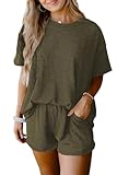 SHEWIN Two Piece Sets for Women Casual Ribbed Short Sleeve Shirts High Waisted Shorts Lounge Matching Set Summer Outfits for Women 2026, Jungle Green, S