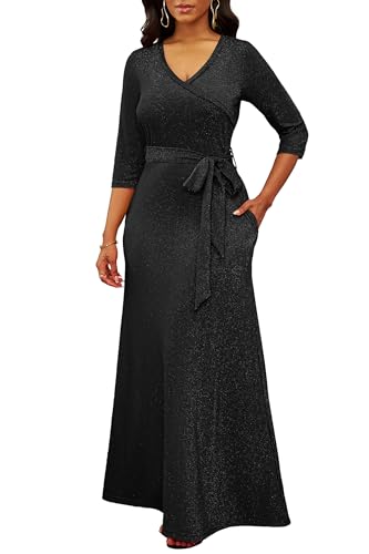 FANDEE Women's 2025 Maxi Dress - Solid Color Bohemian Summer Long Maxi Dress V-Neck 3/4 Sleeve