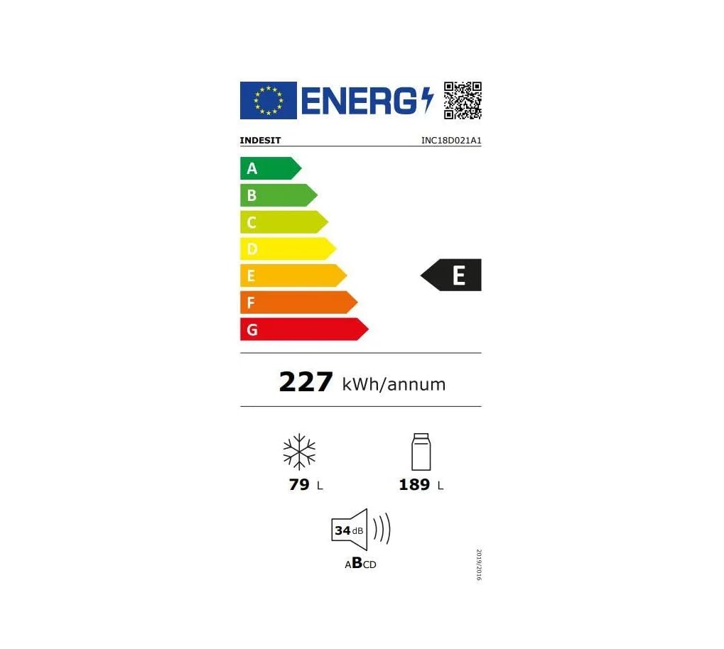 Indesit INC18D021A1 Frigorifero Combinato, Statico, Tecnologia Low Frost, Altezza 177 cm, 34 dBA, Porte Reversibili, Illuminazione Led, Controllo Umidità, Allarme Porta Aperta, Classe Energetica E