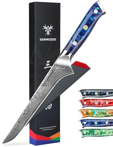 SANMUZUO Couteau à Filet de poisson 18 cm, Couteaux de Cuisinede Chef Japonais Couteau à désosser - Acier de Damas et Manche en Résine - Série Xuan(Bleu Saphir)