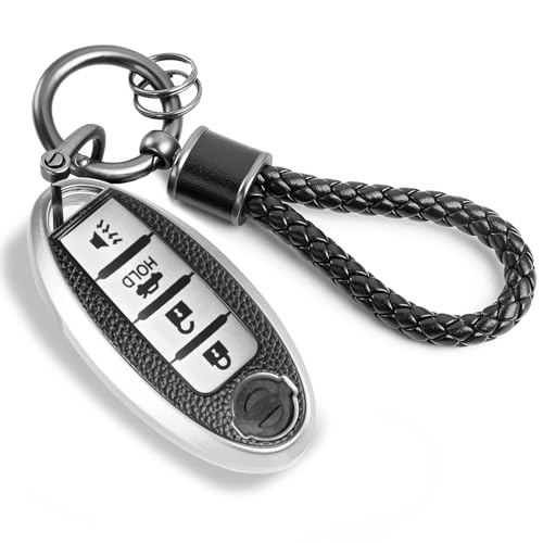 Image of for Nissan Key Fob Cover with Metal Braided Rope Keychain, Advanced Soft TPU Surface Grain Key Case for Nissan Key Shell (4 Button only) (Silver, Braided Rope)