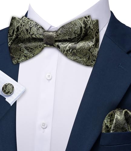 Image of Barry.Wang Paisley Striped Bow Tie for Men Silk Pre-Tied Bowtie Pocket Square Cufflinks Set Formal Wedding Party Prom