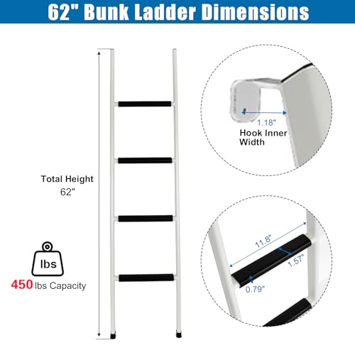 Image of Anti-Slip RV Bunk Ladder, 62in Integrated Heavy Duty Steel, White | Camper Bunk Bed Ladder with Anti-Slip Rubber Foot Pads and Hooks
