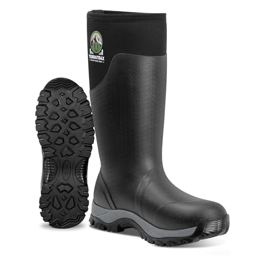 TerraTrax Men's Waterproof Insulated Rubber Hunting Boots – 6mm Neoprene Rain Boots for Outdoor Work, Fishing, Farming & Gardening Black Size 9