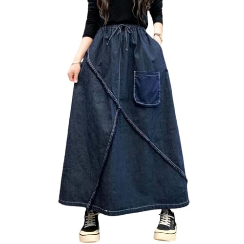 MLAFE Womens Denim A-Line Long Midi Skirt One Size Elastic Waist Spliced Denim Bustier Skirt Lace-Up Loose Casual Denim Skirt