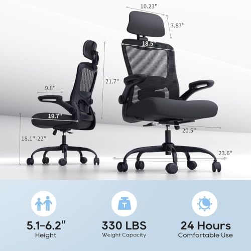 Image of Ergonomic Office Chair for Long Hours, Adjustable Padded Lumbar Support for Lower Back Relief, 330 lb Capacity, Comfortable Computer Desk Chair for Home Office, Work & Study