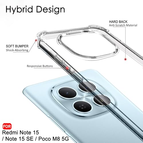 Image of TheGiftKart Crystal Clear Back Cover Case for Redmi Note 15 / Note 15 SE /Poco M8 5G | 360 Degree Protection | Shock Proof Design | Transparent Back Cover Case (PC & TPU, Transparent Bumper)