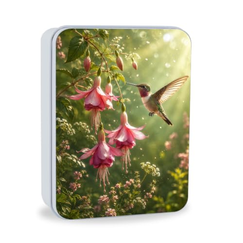 Image of Decorative Metal Tin Box with Lid,Hummingbird Flower Organizer