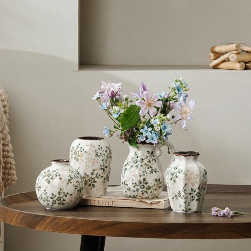 Image of Green Vintage Vase, Chinoiserie Floral Vase, Retro Ice Cracked Ceramic Large Vases for Home Decor, Living Room, Bookshelf, Office, Grand Millennial Decors (20-Green and Beige)