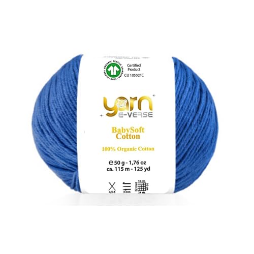 Babysoft Cotton Yarn, Yarn E-verse, 100% Organic Cotton, Soft & Hypoallergenic, Ideal for Baby Knitting, Crocheting, Amigurumi & DIY Projects, Organic Textile Certified, 50g (1, 149 Royal Blue)