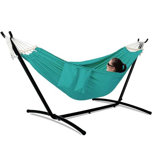 Image of Gafete Double Hammock with Stand for Outside, Upgraded Spreader Bar, Heavy Duty Space Saving Steel Stand 2 Person, Side Pockets, Easy Assembly, 600lbs Weight Capacity, Indoor & Outdoor (Aqua Blue)