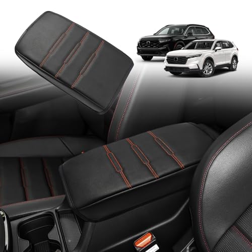 Muslogy Center Console Armrest Cover Fit for Honda CR-V & CRV Hybrid 2023-2026 2026 Accessories Comfort Armrest Pad Console Lid Cushion Vegan Leather Regular Thick(Black/Orange Trim)