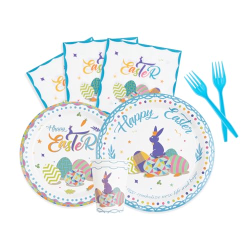 Easter Party Tableware Set Includes Plates, Cups, Napkins, Forks, for Celebrations