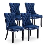 JETEAGO Velvet Dining Chair Set of 4, Upholstered Tufted Dining Room Chair with Nailhead Trim and Solid Wood Leg for Kitchen, Blue