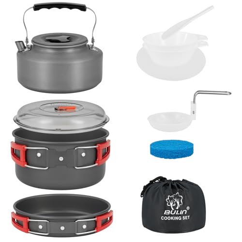 Bulin Camping Kochgeschirr Set, Camping Töpfe aus Aluminium, leichtes Camping Kochset mit Besteck, Campinggeschirr ideal für Camping, Outdoor, Picknick, (Für 2 Personen mit Wasserkessel)