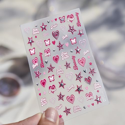 Image of 5D Embossed Pink Star Nail Stickers - Y2K Design Self-Adhesive Heart Nail Decals, DIY Cool Manicure Decoration Accessories for Women (1 Sheet)