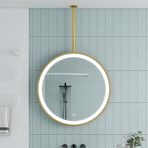 Espejo Redondo para Colgar en el Techo, Espejo Iluminado Enmarcado de Metal Dorado para baño, Espejo de tocador LED montado en la Pared con Luces(Diameter-70CM/27.6INCH)