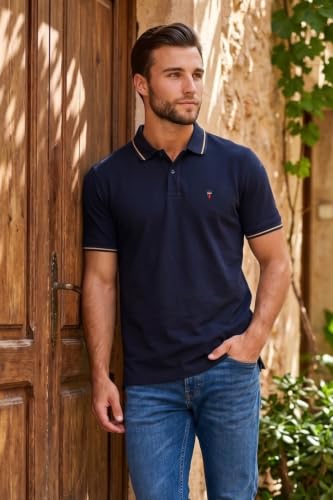 Image of Louis Philippe Men's Slim Fit Single-Tuck Pique Stylized Sleeve Print and Contrast Tipping Half Sleeve Solid Polo Tshirt