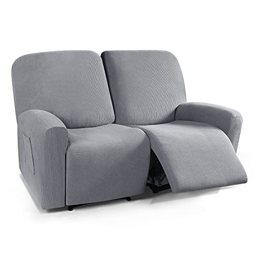 TAOCOCO Recliner Loveseat Slipcover, 6 Pieces Dual Recliner Sofa Covers for 2 Seat Dual Reclining Loveseat Couch, Stretch Soft Jacquard Pattern Furniture Protector with Elasticity Dusty Grey