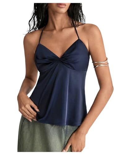SweatyRocks Women's Ruched Satin Halter Tops Sleeveless Summer Camisole Going Out Top