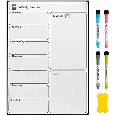DOEWORKS Fridge Magnetic Whiteboard, Weekly Planner Memo Board A3 Notice Board with 4 Marker Pens 1 Eraser, Drywipe Magnet Fridge Board for Kitchen Cover