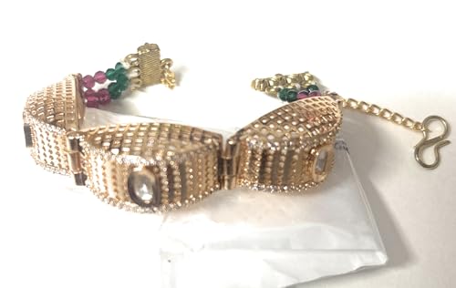 Image of Rakhi style Vintage Crystal Bracelet with Rose Gold Finish, Green and Purple Beads, Chain Link Design