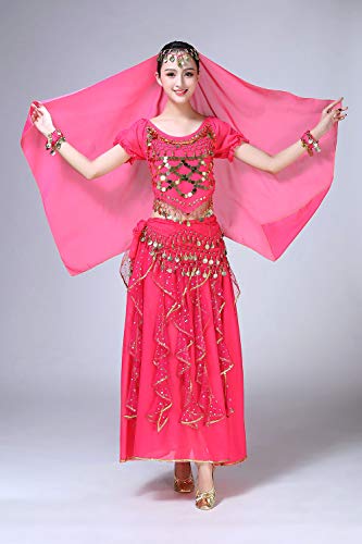 ORIDOOR Women Belly Dance Dress Indian Bollywood Halloween Costume Chiffon Skirts Shiny Belly Dance Suits 5-Piece Outfit, 004 Rose Red, One Size