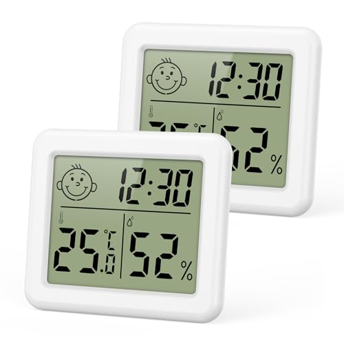 ORIA Digital Thermometer Hygrometer, 2 Stk Innen Luftfeuchtigkeitsmesser Temperatur-Monitor mit Uhr, Hohen Genauigkeit, °C/°F, Luftkomfort...