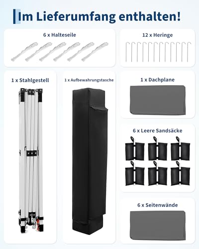 Faltpavillon 3x6 m wasserdicht stabil mit 6 Seitenwänden – Pop up Pavillon faltbar aus 420D Oxford, UV-Schutz 50+, 3-Fach höhenverstellbar, Partyzelt mit Tragetasche für Garten & Outdoor Grau