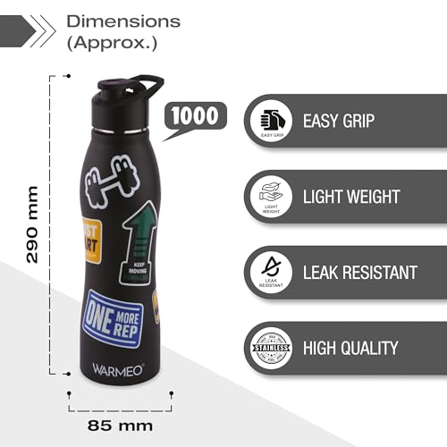 Image of WARMEO VIBE 1000 Stainless Steel Water Bottle 1000 ml | Gym Motivation 3D Embossed Design | Single Walled, ISI Certified I Leak Proof Lid, Rust Proof I For School, Office, Gym I Black
