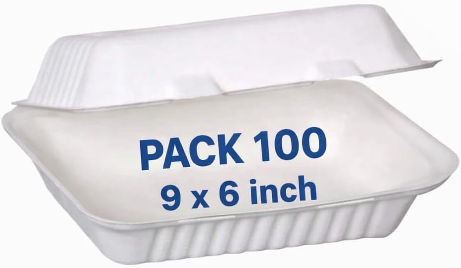100 × 9x6 Bagasse Biodegradable Sugarcane Clamshell Takeaway Box 9 × 6 Inch - Pack of 100 - Eco-friendly Packaging Hp10 32oz / 900ml, Made from Natural Sugarcane Pulp, Disposable Food Container