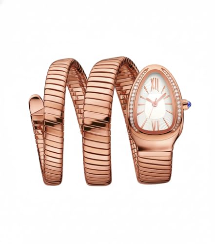 Shocknshop WCH166 Montre analogique avec bracelet serpent en spirale et cadran blanc orné de diamants pour femme, Or rose blanc, Moderne