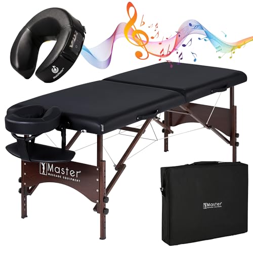 Master Massage 28" Argo Portable Massage Table with Extra Music Master Crescent Round High Fidelity Sound Face Cradle Cushionin - Black