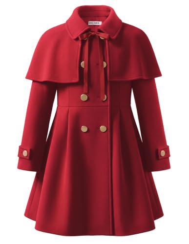 Image of GRACE KARIN Girls Wine Red Winter Peacoat Coat Jacket Detachable Capelet 14