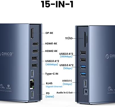 ORICO 15-in-1 USB C Docking Station Supports Dual-Screen 4K@60Hz Extended and Mirrored(Suitable with Apple M1) with 2 HDMI, DP, Gigabit Ethernet,PD100W, 3.5mm Audio, TF/SD and 8 USB3.0 /2.0