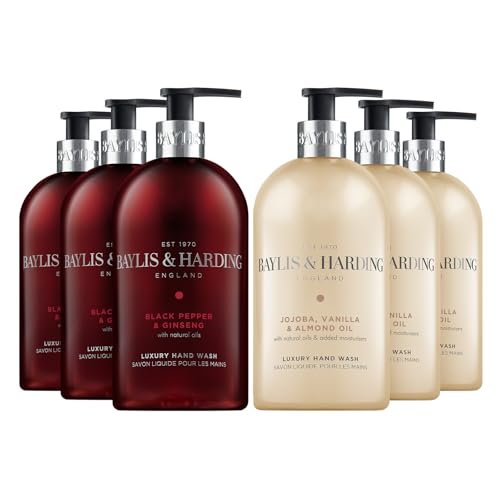 Baylis & Harding Signature Hand Wash Bundle: 3 x 500 ml Black Pepper & Ginseng for Men & 3 x 500 ml Jojoba, Vanilla & Almond Oil (6 bottles) - Vegan Friendly