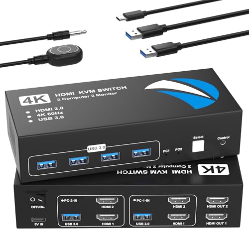 HDMI KVM Switch 2 Monitors 2 Computers, 4K@60Hz USB KVM Switches Dual Monitor with 4 USB 3.0 Ports...