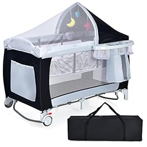COSTWAY 4 in 1 klappbares Reisebett & Babywiege & Wickeltisch & Laufstall mit Schaukelfunktion, inkl. Spieluhr, Spielbogen, Wickelauflage, Matratze, Windel Organizer und Tragetasche (schwarz)