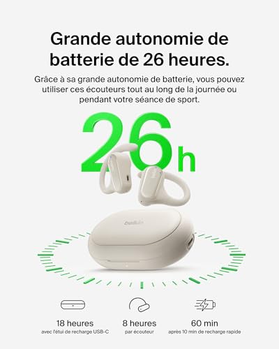 Belkin SoundForm ClearFit Écouteurs Oreilles Libres Sans Fil (écouteurs légers et confortables, indice d'étanchéité IPX5, écouteurs Bluetooth sans fil pour randonnée, vélo, course à pied, etc) - beige