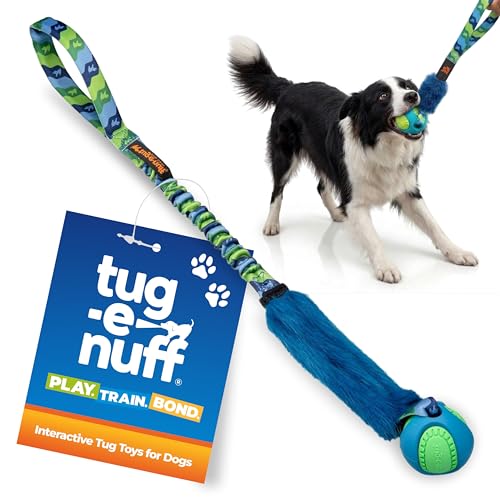 Tug-E-Nuff Fauxtastic PowerBall Bungee Tug (Green Pattern) Durable Fetch & Tug of War Faux Fur Tough Dog Toys with Rubber Ball Interactive Dog Toys for Training Small Medium Large Dogs 63 cm