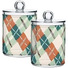 Green Plaid Pattern 2 Pack Plastic Storage Jar with Lid, Cotton Swabs Cans, Bathroom Canisters for Organizing Cotton Balls, Floss