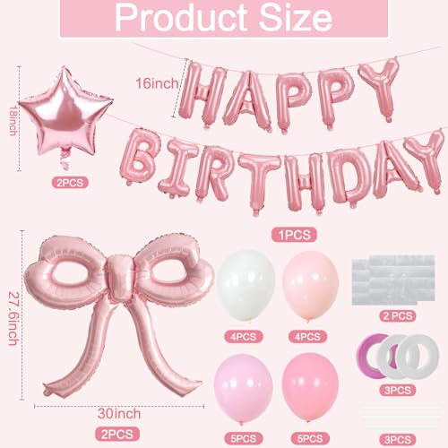 Image of Bow Party Decorations Pink Happy Birthday Balloons Banner Pink Birthday Decorations Bow Balloons for Women Girls Birthday Decor Party Supplies