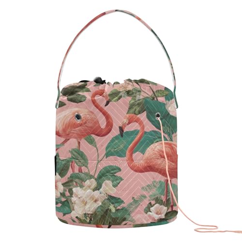Image of ElliTarr Crochet Bag Yarn Bag with Handle Portable Knitting Project Bag Travel Yarn Storage Organizer Holder Case Pink Cute Tropical Flamingo and Plants