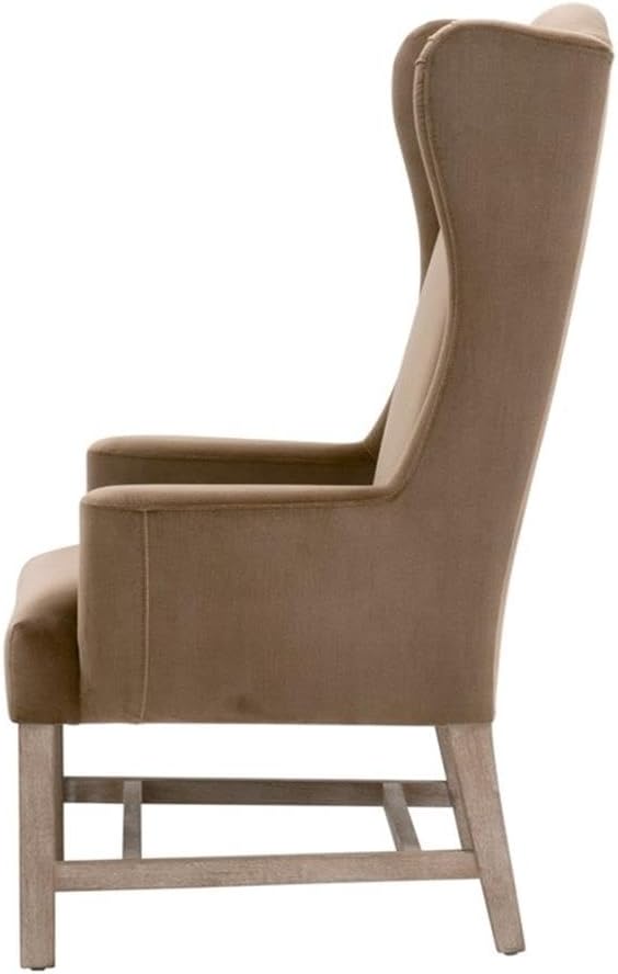 Pemberly Row Wingback Arm Chair, 27" x 47.5", Brown Velvet Upholstery, Solid Oak Legs with Gray Undertones, Transitional Design, Tall Back Dining or Accent Chair for Living Room or Fireside Use