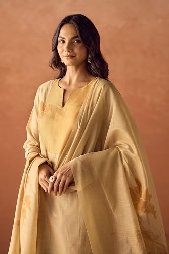 Image of FIORRA Women Beige Cotton Jacquard Woven Kurta Set with Dupatta