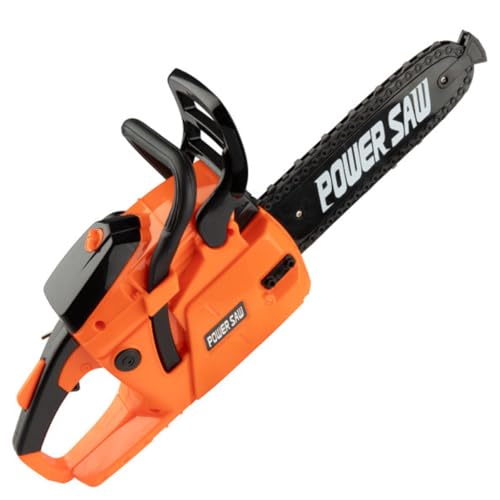 HEY! PLAY! Toy Chainsaw - Fake Outdoor Power Tool for Pretend Play - Battery-Powered with Pull Cord, Rotating Chain, and Realistic Sounds (Orange)