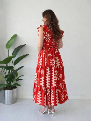 Image of KZULLY | Dress for Women | Feminine Cross Tie Long | Soft Frill Arm Detail Look | Stylish Allover Print Wear